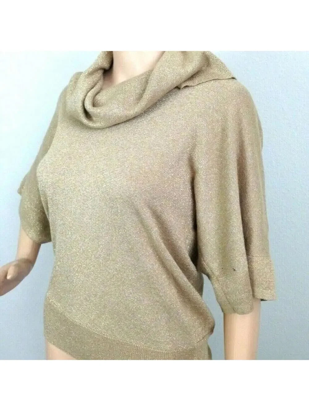 Michael Kors Gold Shimmer Cowl Neck Sweater XL Metallic Knit 3/4 Sleeve LKNW
